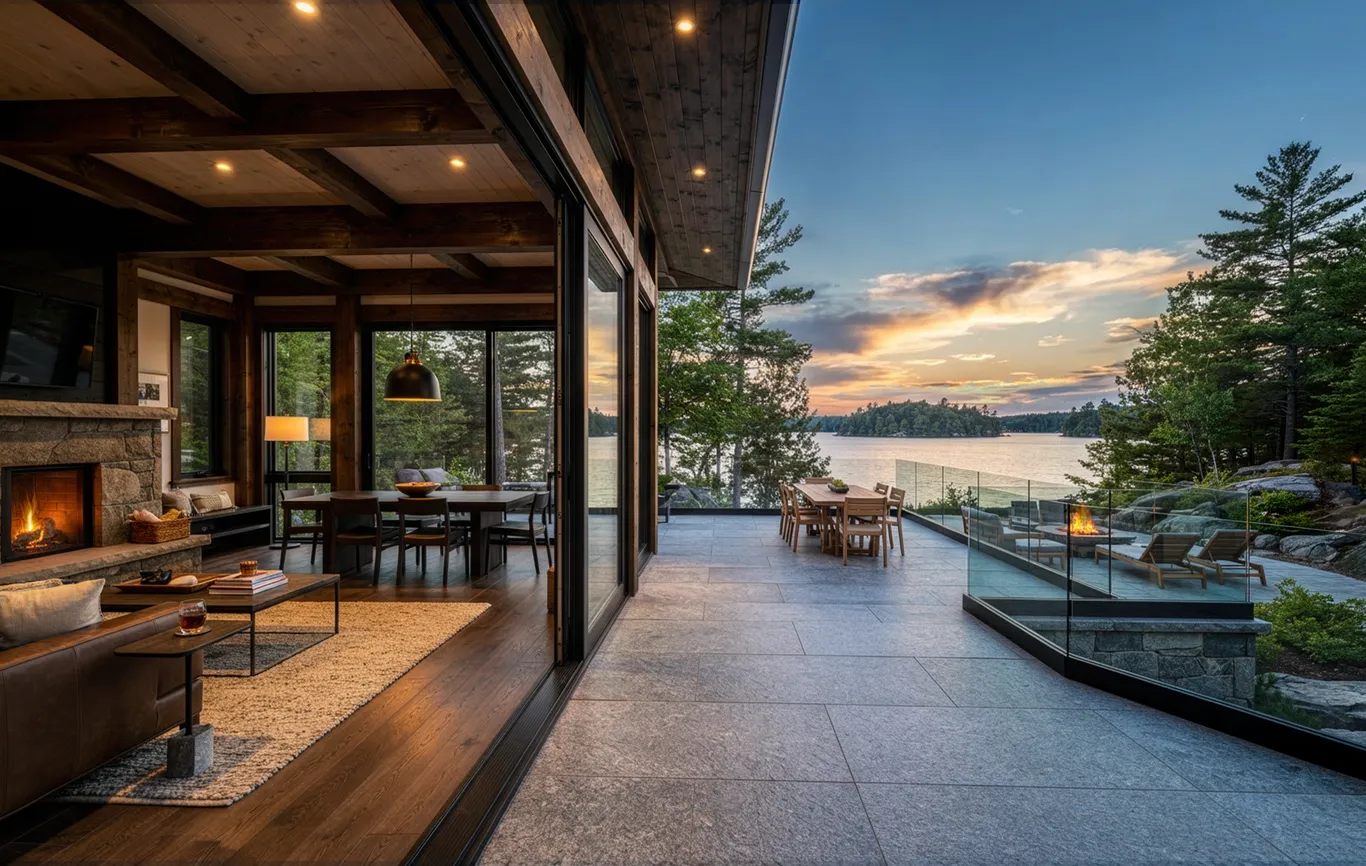 Cottage great room opening onto a stone terrace with dining and a fire table overlooking a lake at sunset