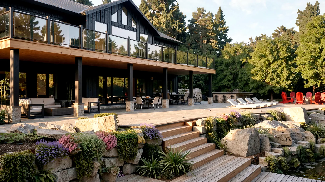 Lakeside timber cottage with a stone patio, wide timber steps and natural stone garden walls