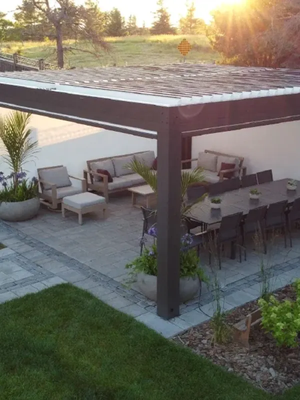 Custom pergola over an interlocking patio