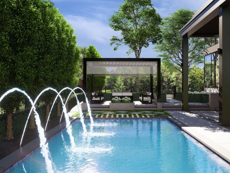 backyard pool with stone floor and jacuzzi with roof