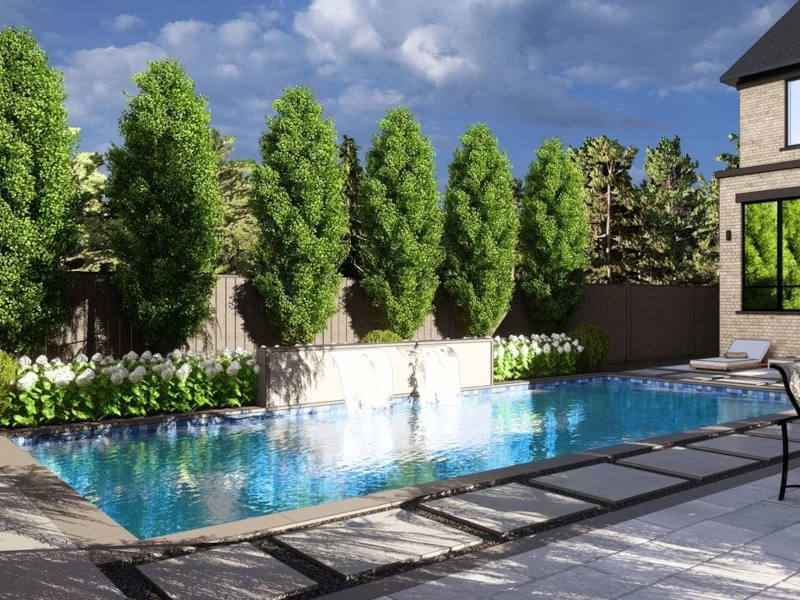 backyard pool with stone floor and stone steps