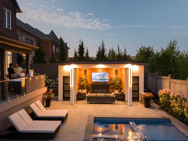 Farrell cabana and pool at dusk