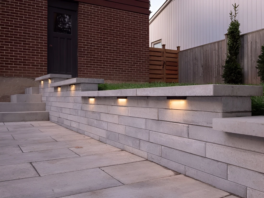 white brick retaining wall with lights